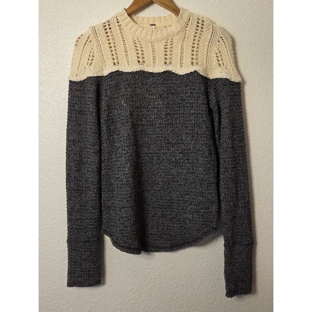 Free‎ People Colorblock Knit Sweater Crochet Yoke Boho Chunky Pullover M